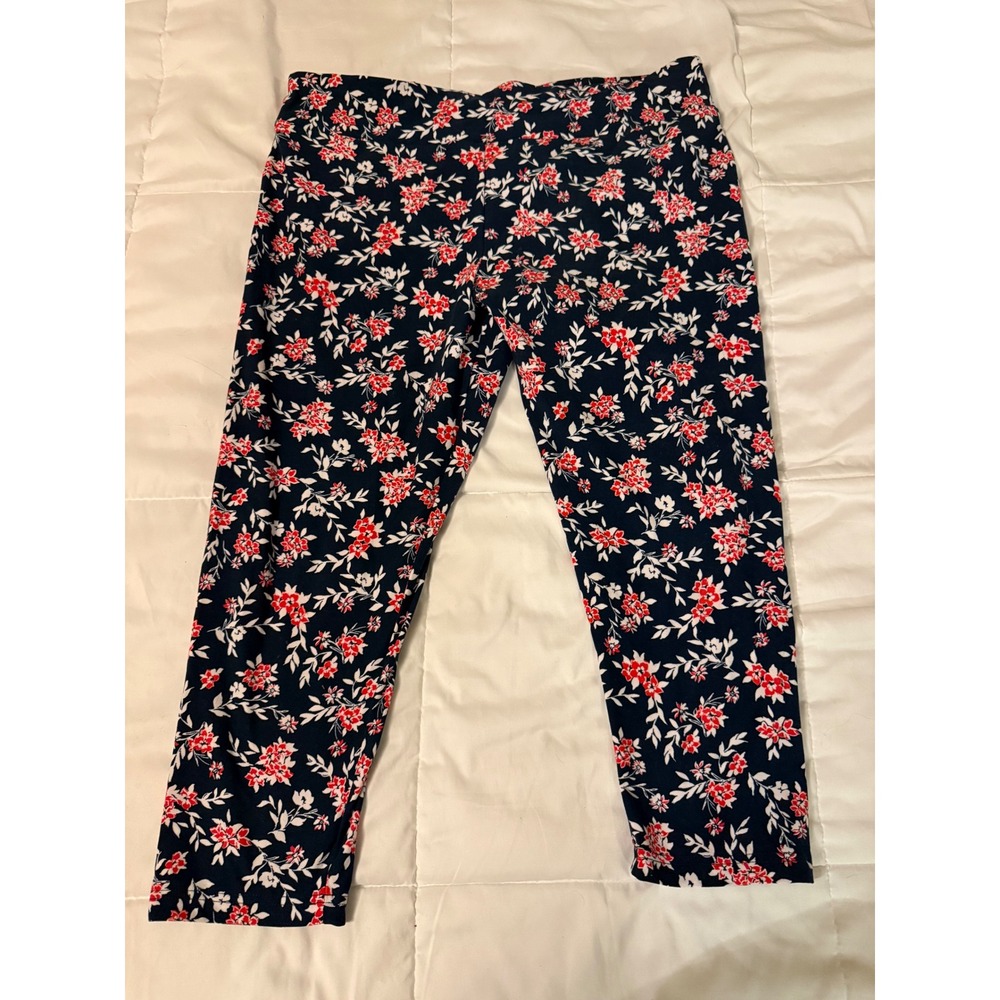 Time and Tru Womens XXL Floral Cropped Leggings Navy Blue Red White Capri Pants